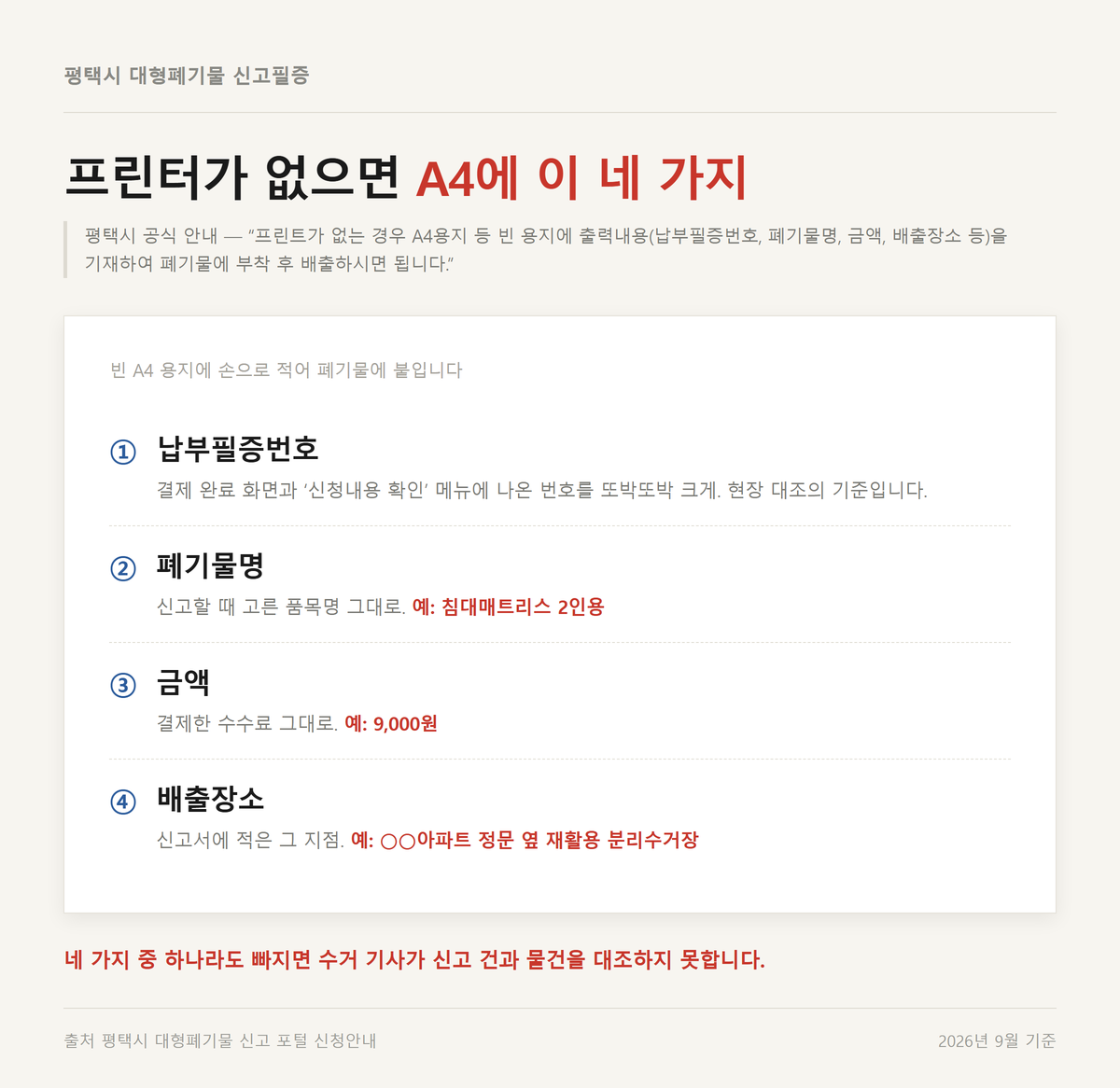 평택시 신고필증을 출력할 수 없을 때 A4 용지에 적어야 할 납부필증번호&middot;폐기물명&middot;금액&middot;배출장소 네 항목