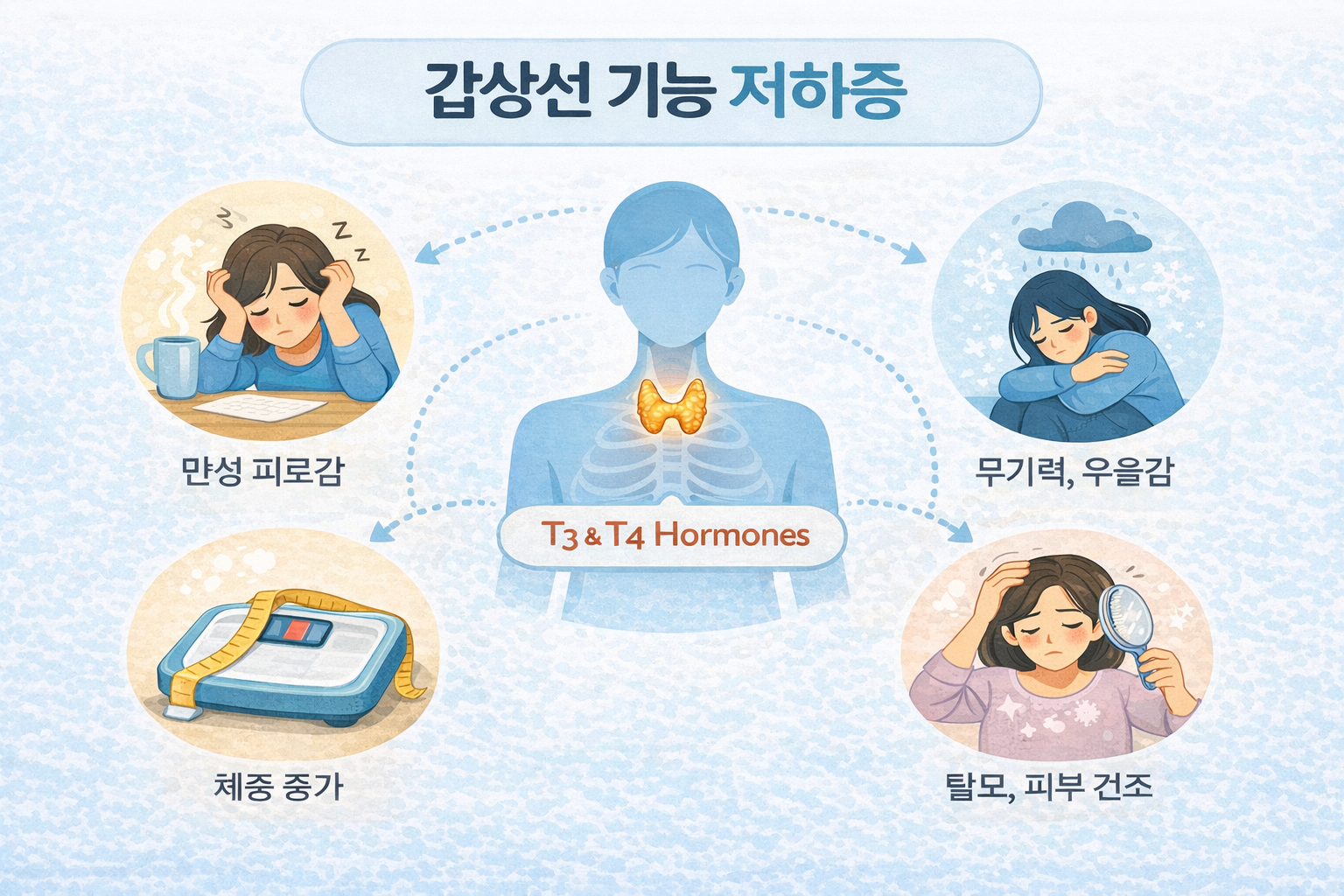갑상선 기능 저하증으로 인해 나타나는 대표적 증상인 만성 피로감, 무기력·우울감, 체중 증가, 탈모와 피부 건조를 아이콘으로 표현한 인포그래픽 이미지