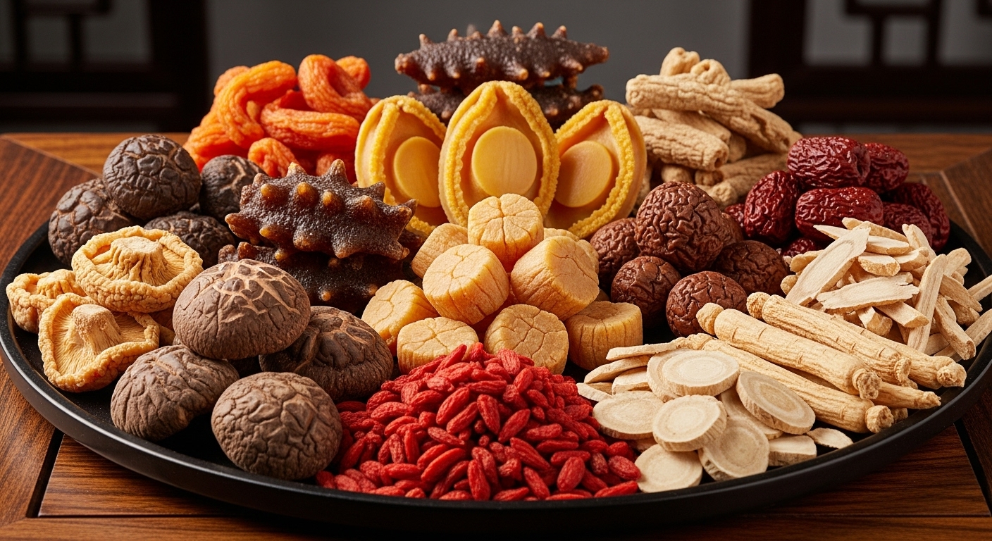 건전복&amp;#44; 건해삼&amp;#44; 건관자 등 발제 과정에 사용되는 고급 건해산물 재료들이 정갈하게 놓여있는 모습.