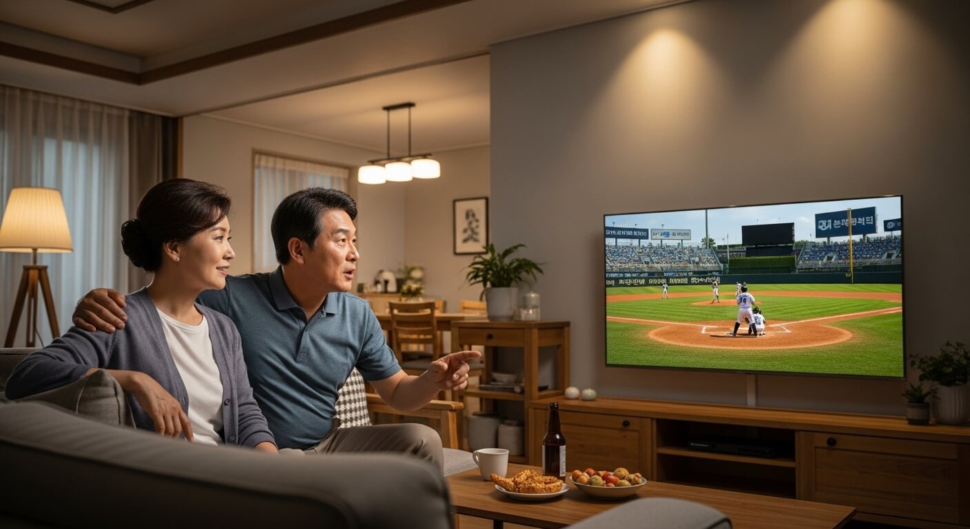밝은 거실에서 쿠팡플레이 스포츠패스로 생중계 야구 경기를 즐기는 부부