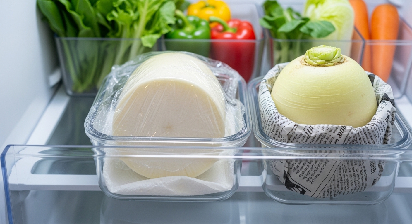 사용하고 남은 무의 단면이 랩으로 감싸여 있고, 키친타월이 깔린 밀폐 용기에 담겨 냉장고 야채칸에 보관된 모습.