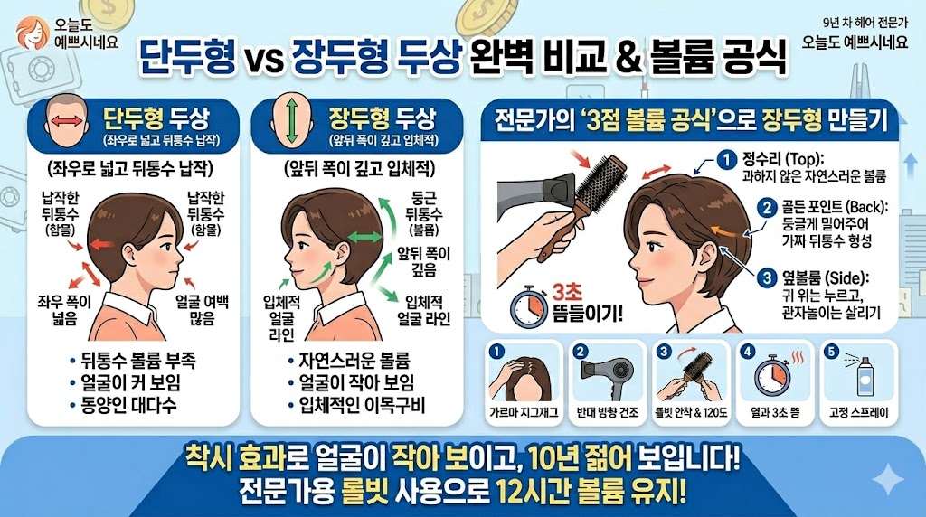 단두형 vs 장두형 두상 완벽 비교 가이드 - 오늘도 예쁘시네요 9년 차 헤어 전문가의 3점 볼륨 공식 인포그래픽