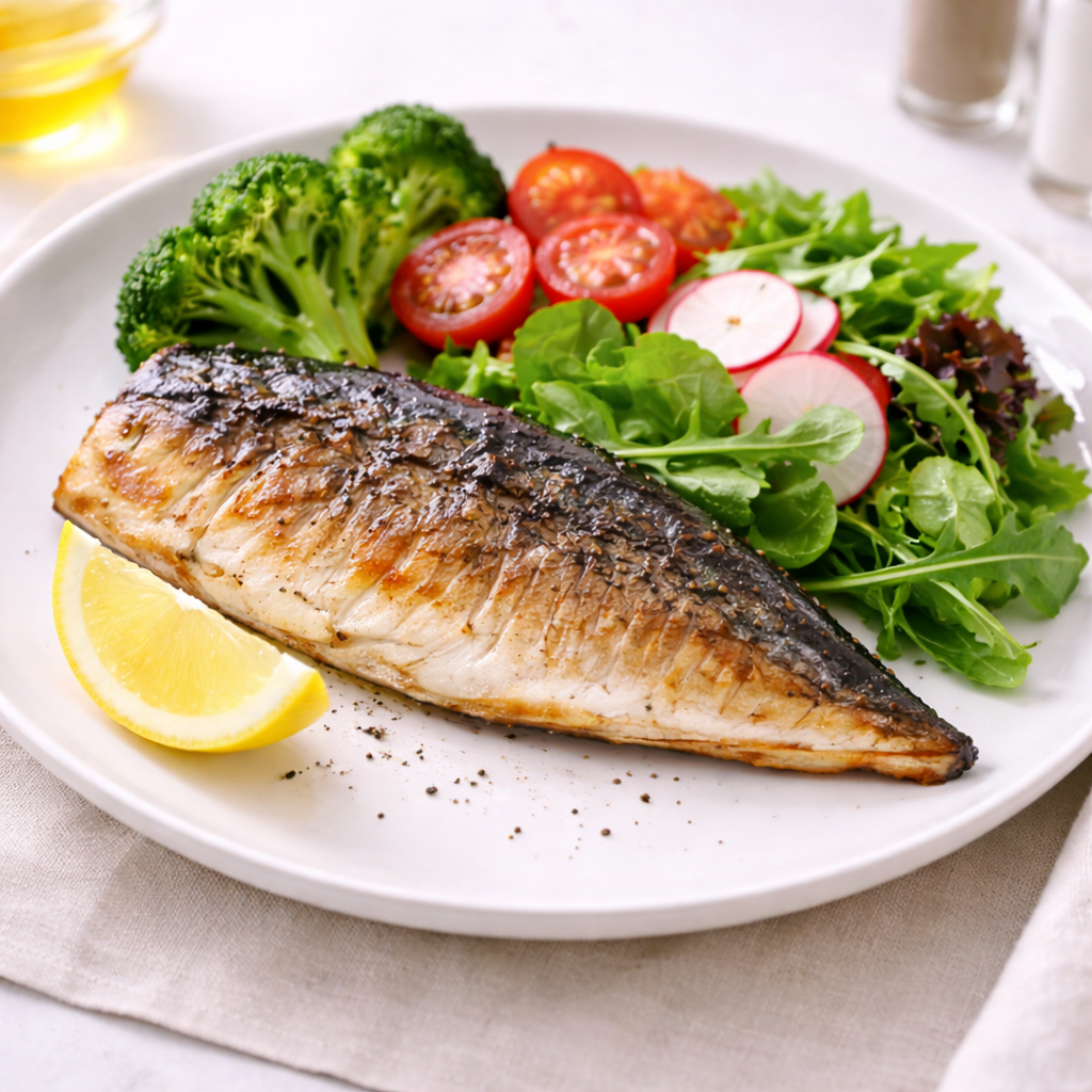 콜레스테롤 관리에 도움이 되는 생선과 채소 한 접시