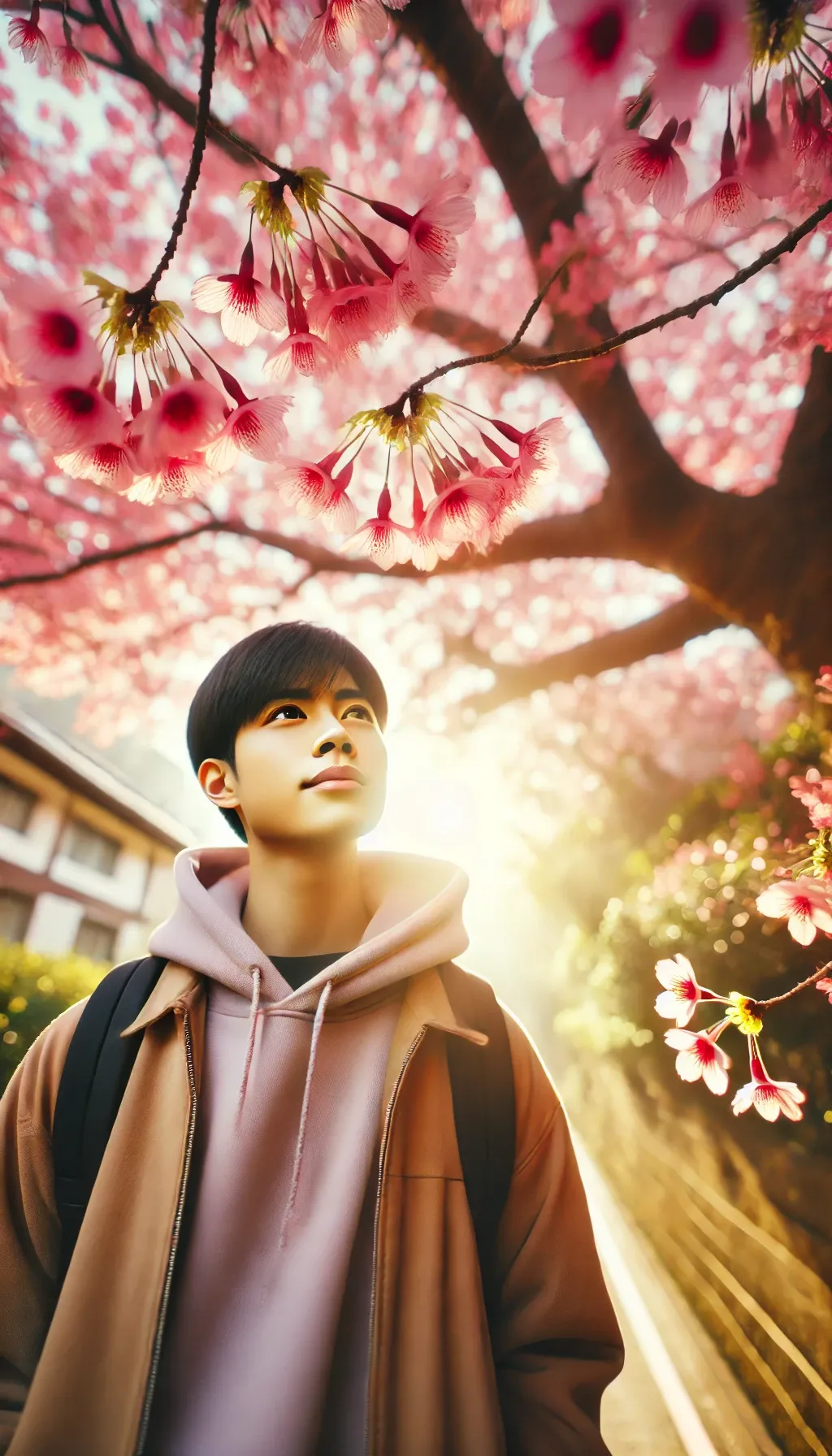 벚꽃 아래에서 사람을 촬영한 인물 사진입니다.