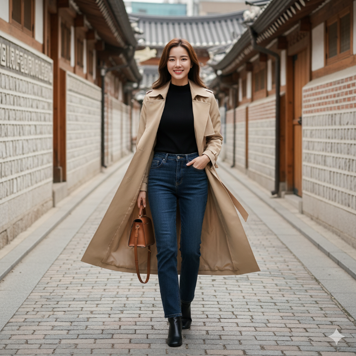 허리끈을 뒤로 묶고 오픈해서 입은 롱 트렌치코트 코디