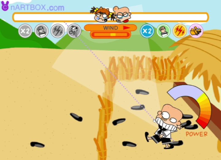 밍밍과-왕따-고무신-던지기-플래시게임-플레이-왕따가-고무신을-던지기-위해-파워를-조절하는-화면