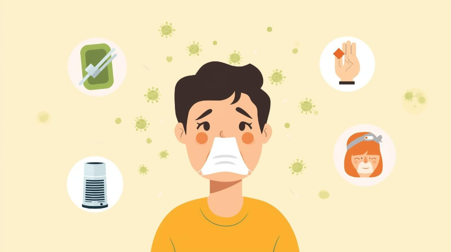 알레르기 비염 주요 증상(재채기, 콧물, 코막힘, 눈 가려움)을 보여주는 그래픽