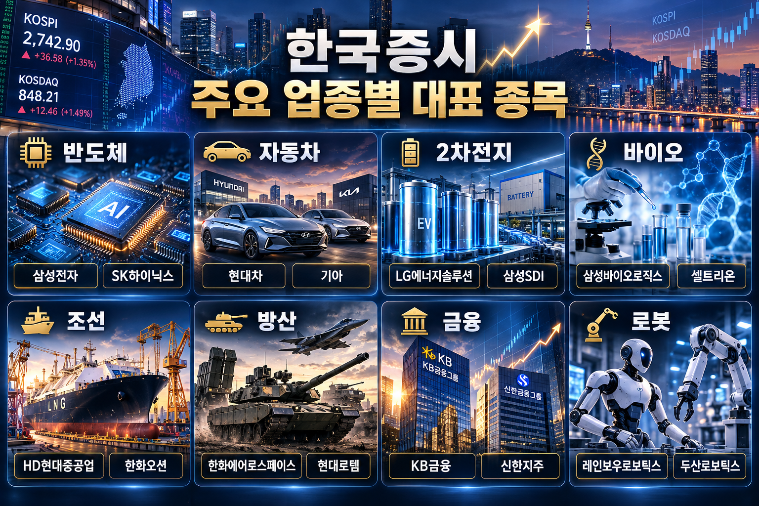 반도체 자동차 2차전지 바이오 조선 방산 금융 로봇 등 한국증시 주요 업종별 대표 종목