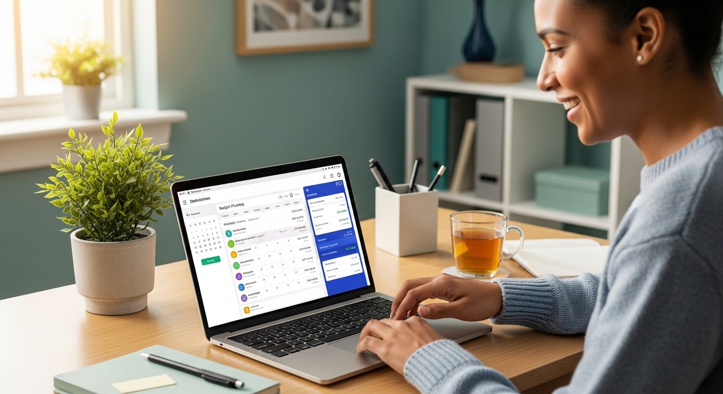 태블릿으로 예산을 세우고 돈을 관리하며 미소 짓는 사람의 모습