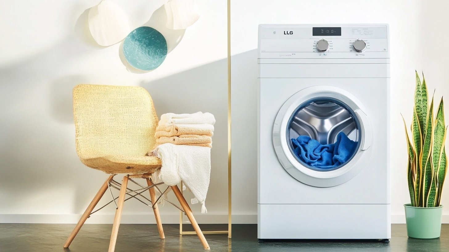 공간 효율성과 사용자 친화적인 디자인으로 비교한 LG 워시타워와 삼성 세탁기 디자인의 측면 대조 이미지