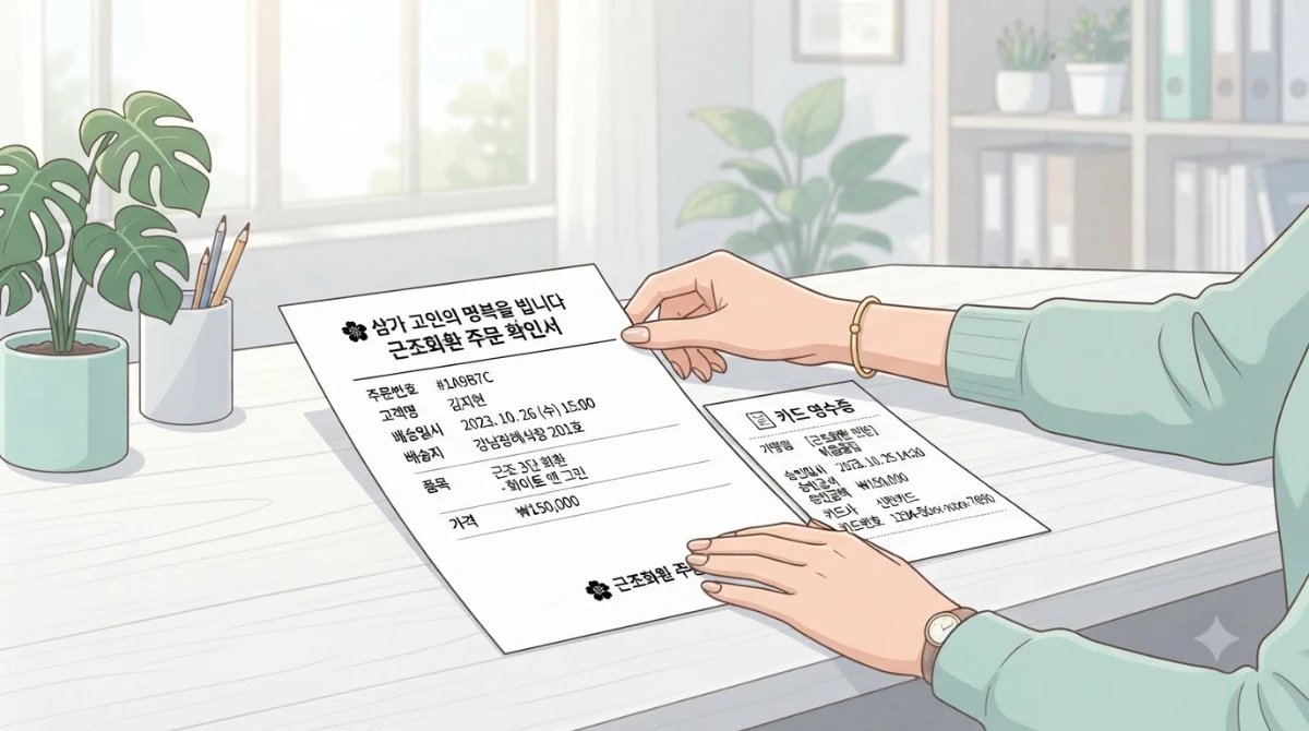 밝은 사무실 책상 위에 놓인 근조화환 주문 확인서와 카드 영수증, 그 옆에 한국인 여성의 손이 두 서류를 나란히 정리하는 장면.