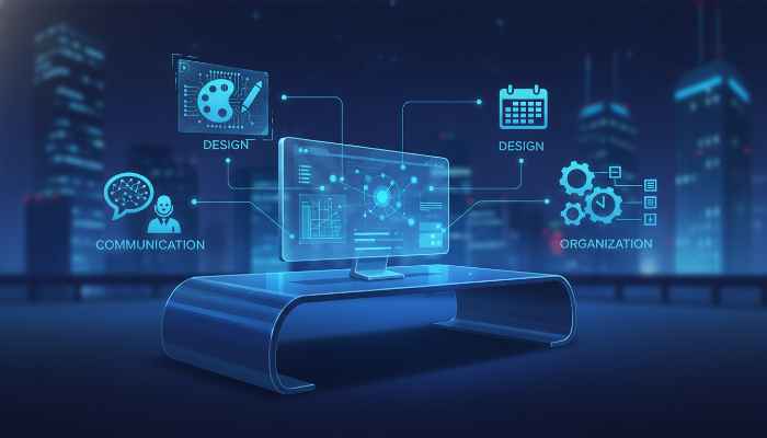 다양한 AI 기능 아이콘들이 배치된 스마트한 업무 공간 일러스트