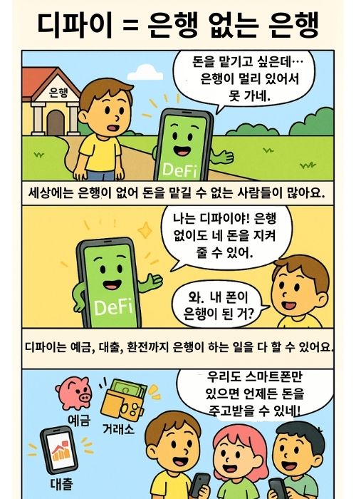 디파이(DeFi)가 은행 없는 은행으로 소개되는 이야기. 시골 마을 아이가 은행을 찾지 못해 고민하다가, 스마트폰 속 디파이 앱을 발견해 예금, 대출, 환전 기능을 체험. 친구들과 함께 스마트폰으로 송금하며 웃는 모습으로, 디파이가 블록체인 기반 미래 금융 혁신과 금융 접근성 확대를 상징하는 4컷 만화