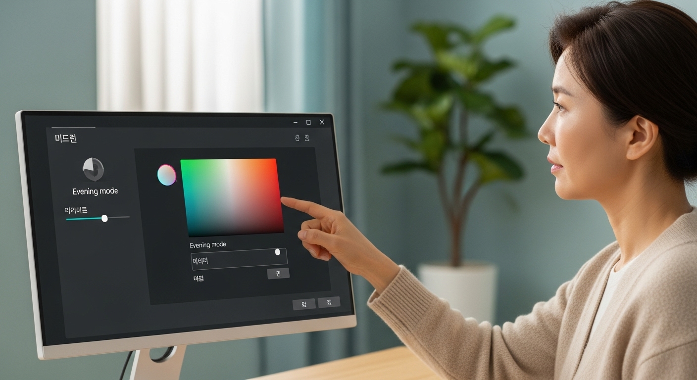 50대 한국 여성, 모니터 따뜻한 톤 전환