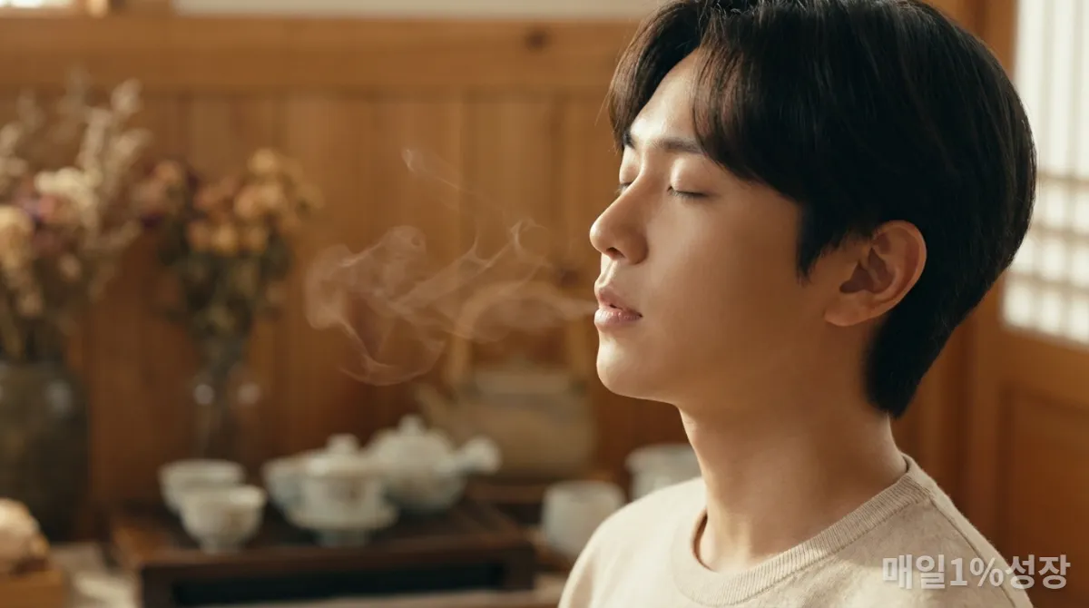 깊은 심호흡으로 뇌를 진정시키는 한국인의 얼굴