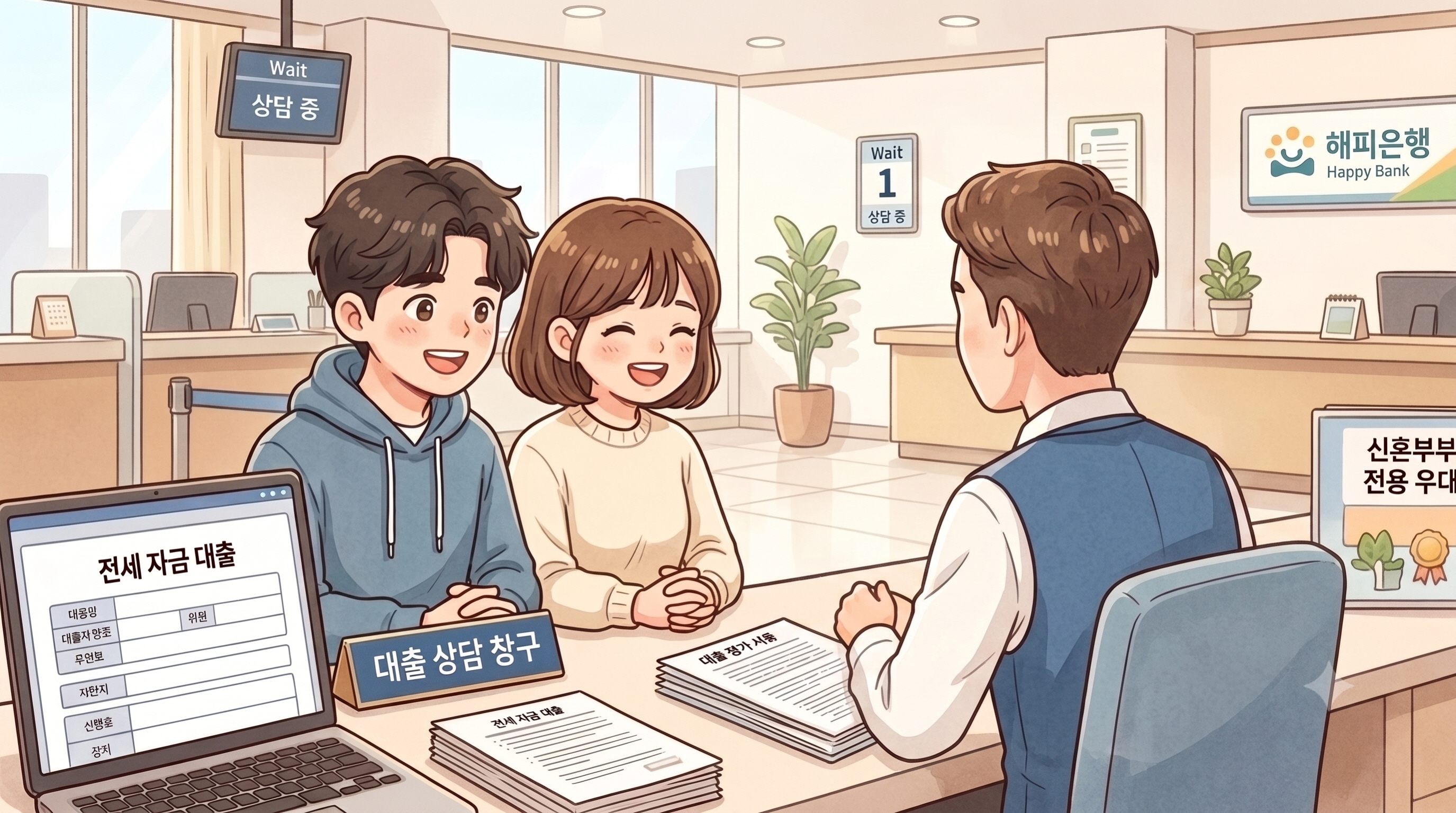 허그(HUG) 버팀목대출 조건, 대출 순서를 알아보기 위해 은행에 방문한 신혼부부를 표현한 이미지