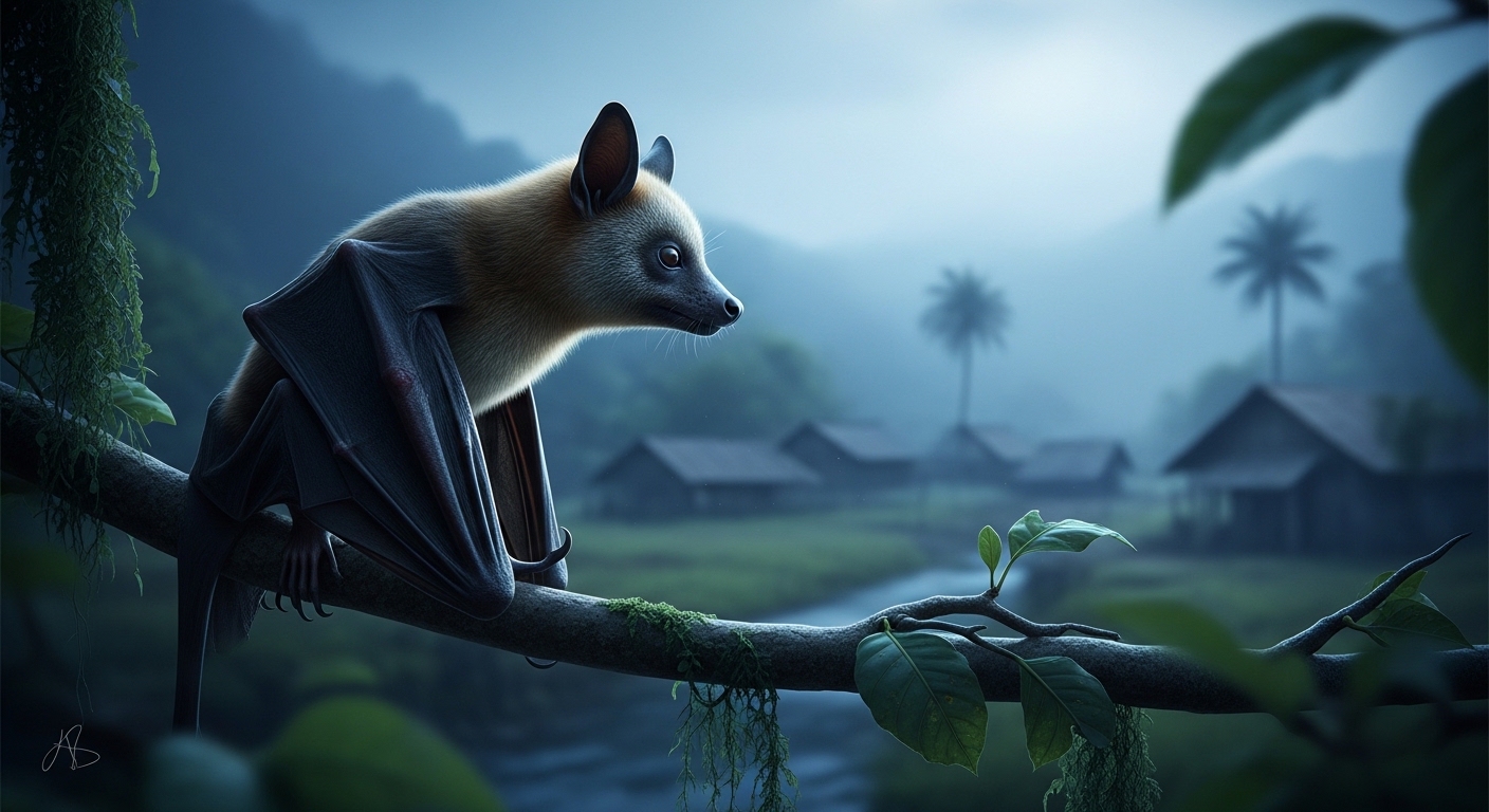 열대 우림에서 나뭇가지에 앉아있는 과일 박쥐의 모습. 니파바이러스의 주요 매개체인 박쥐의 위험성을 상징합니다.