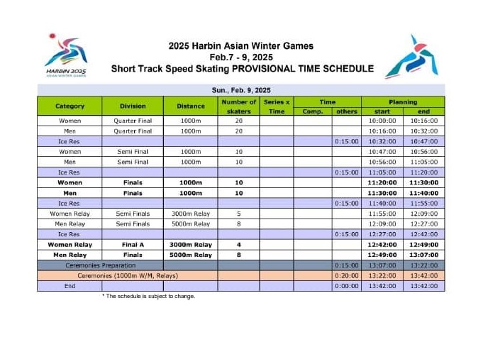 쇼트트랙일정표