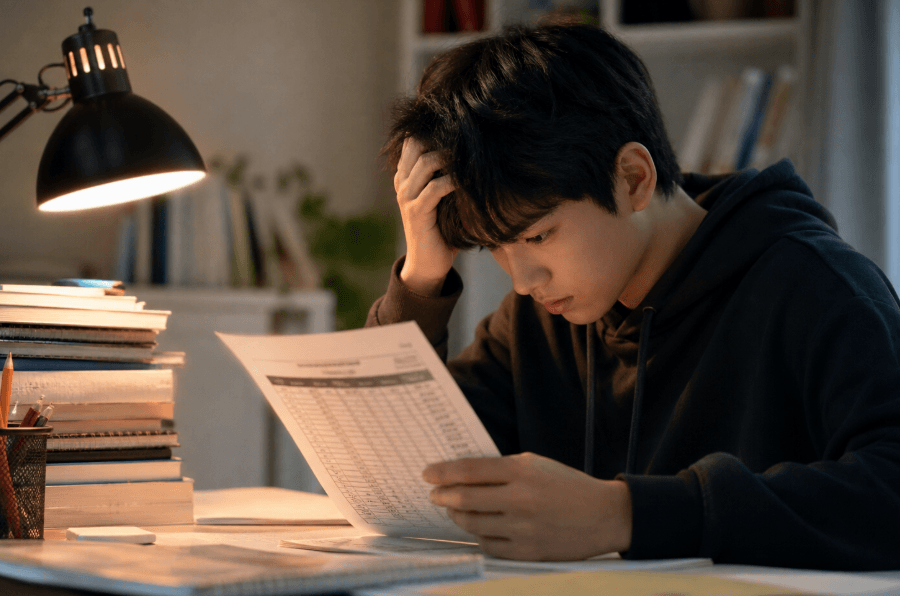 수능점수 보고 고민하는 남학생