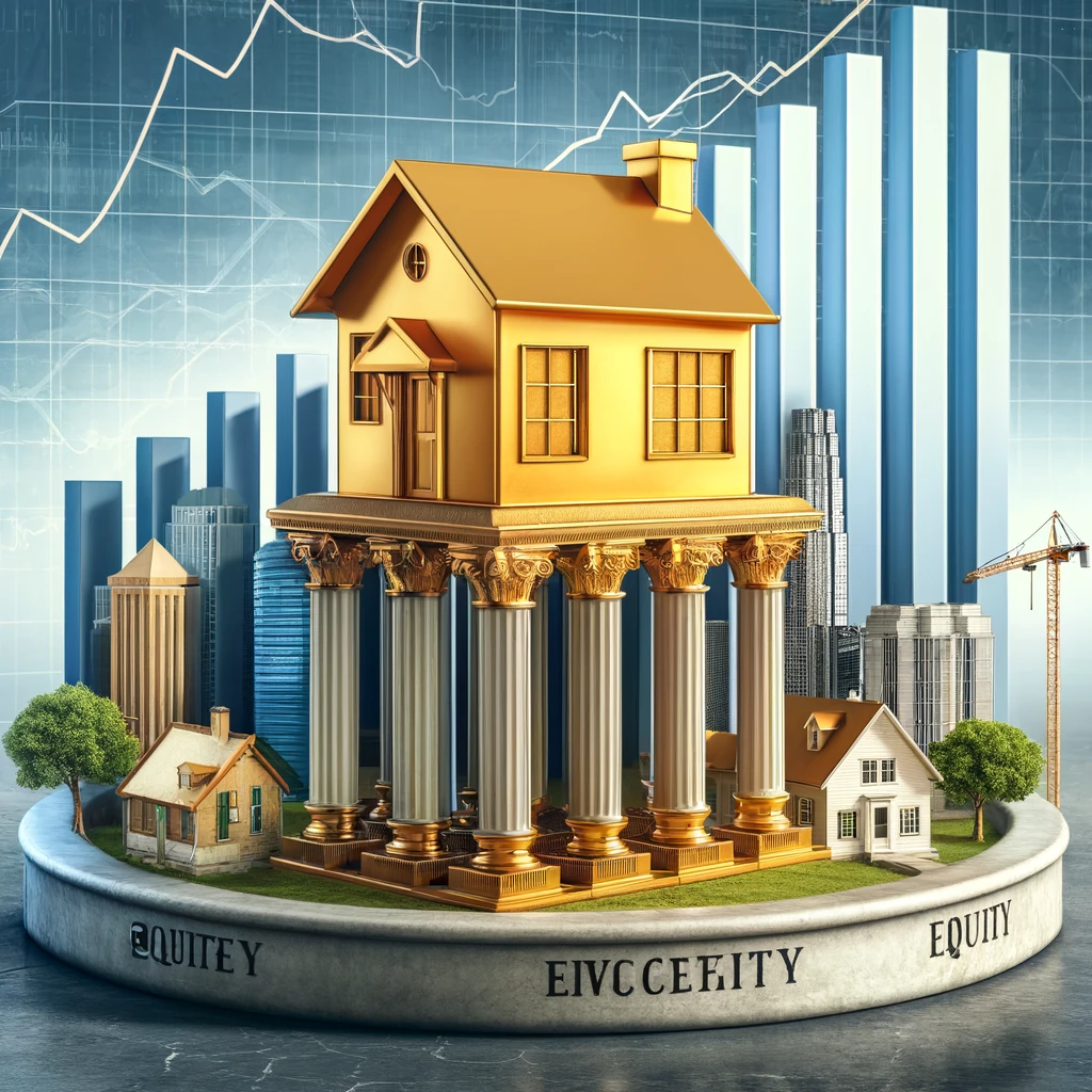 튼튼한 황금빛 집이 ‘투자’, ‘자본’, ‘성장’이라는 기둥 위에 서 있으며, 주변에는 고층 빌딩, 교외 주택, 건설 크레인이 배치되어 부동산의 다양한 측면을 나타냅니다