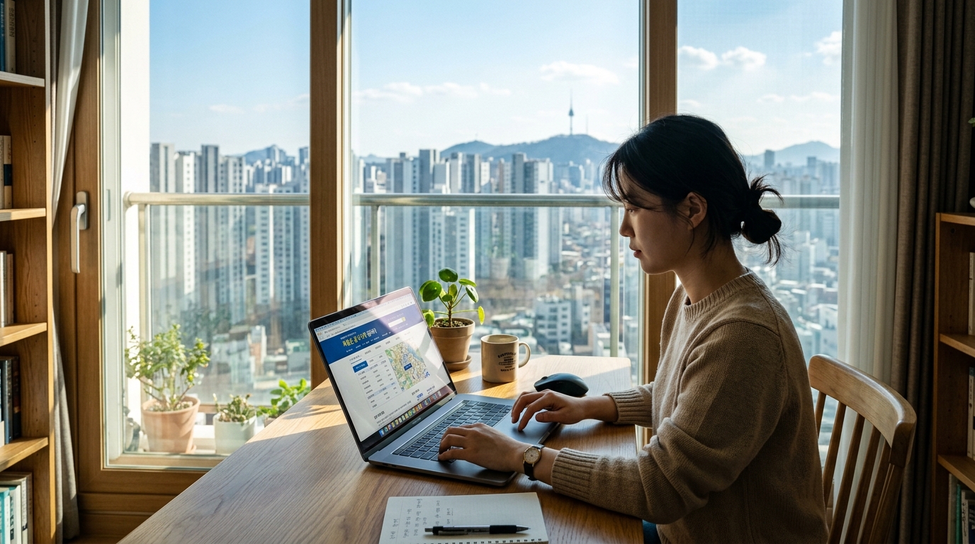 2026년 공동주택 공시가격을 조회하기 위해 부동산 공시가격 알리미 사이트에 접속한 한국 아파트 배경 이미지