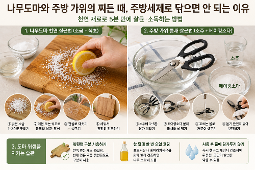나무도마와 주방가위를 천연 재료로 살균 소독하는 깔끔한 주방 모습