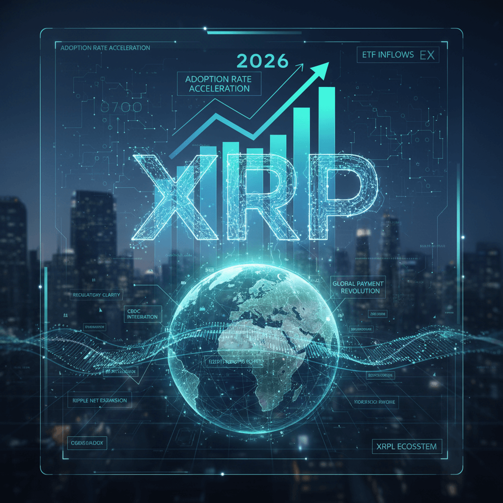 2026년 XRP의 글로벌 채택 가속화와 ETF 유입을 예고하는 디지털 이미지. 규제 명확성, CBDC 통합, XRPL 생태계 확장이 강조됨.