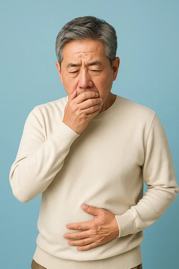 불편한 표정으로 배와 입을 감싸고 서 있는 중년 동아시아 남성의 포트레이트, 건강 이슈를 상징적으로 표현, 텍스트 없음