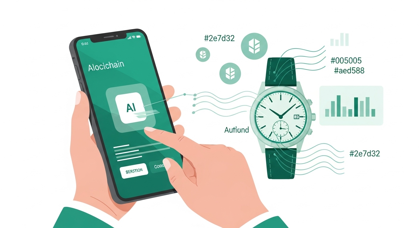 ์ค๋งํธํฐ ์ฑ์ผ๋ก AI๊ฐ ๋ช
ํ ์๊ณ์ ์งํ ์ฌ๋ถ์ ๊ฐ์น๋ฅผ ๋ถ์ํ๊ณ  ๋ธ๋ก์ฒด์ธ ๊ธฐ๋ก์ ํ์ธํ๋ ๋ชจ์ต. AI์ ๋ธ๋ก์ฒด์ธ ๊ธฐ์ ์ด ๊ณ ๊ฐํ ์ค๊ณ ๊ฑฐ๋์ ์ ๋ขฐ๋๋ฅผ ๋์ด๋ ๊ณผ์ ์ ์๊ฐํํจ.