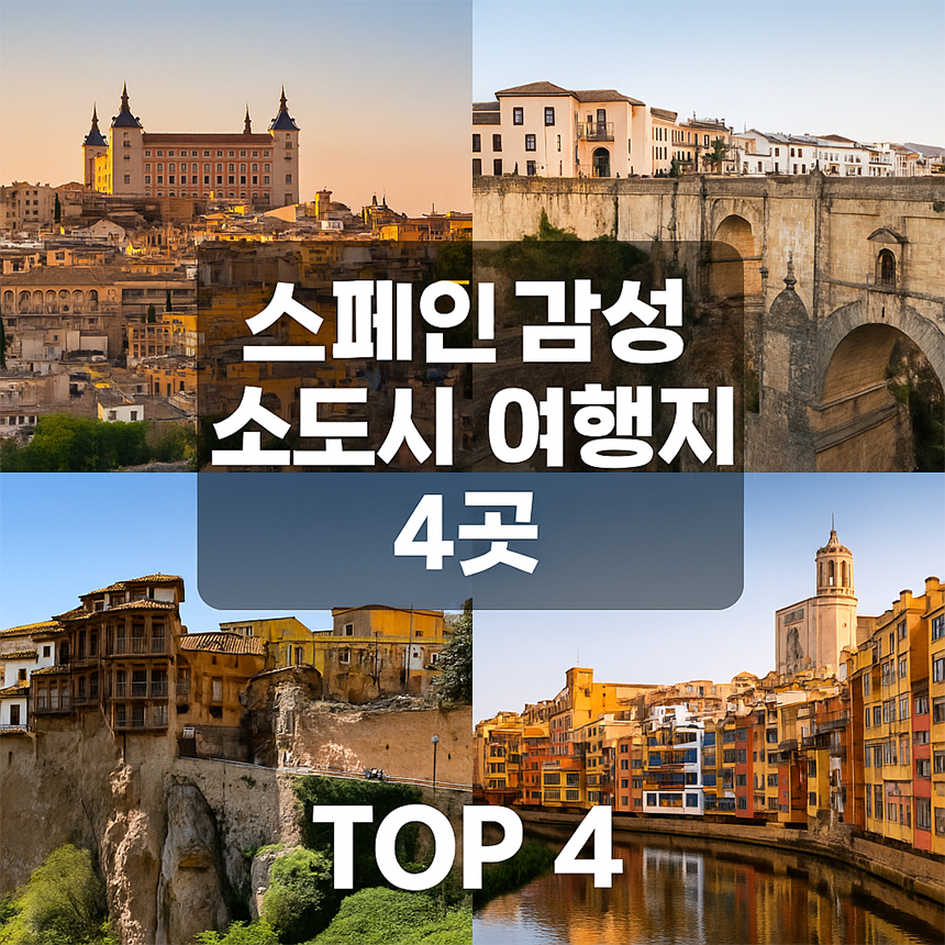 스페인 감성 소도시 여행을 표현한 풍경 일러스트 썸네일 – 절벽 도시, 고성, 협곡, 중세 거리 등이 조화롭게 어우러진 장면