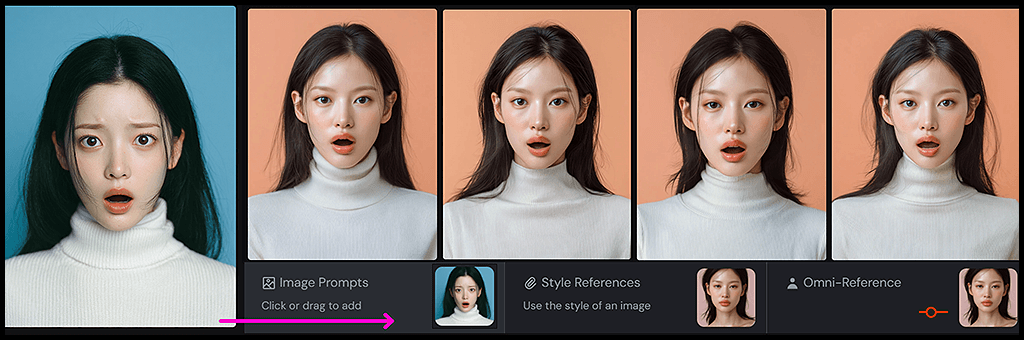 Midjourney 이미지 레퍼런스 실험, OREF와 함께 표정 참조 이미지가 반영된 인물 이미지_Midjourney