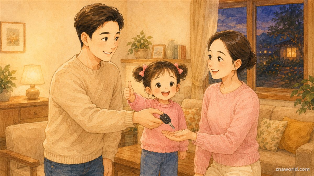 술자리 전 차 열쇠를 가족에게 맡기는 아빠 일러스트