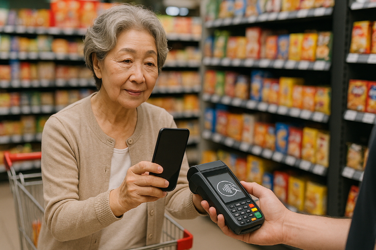 마트에서 스마트폰으로 간편결제를 시도하는 실버세대 여성