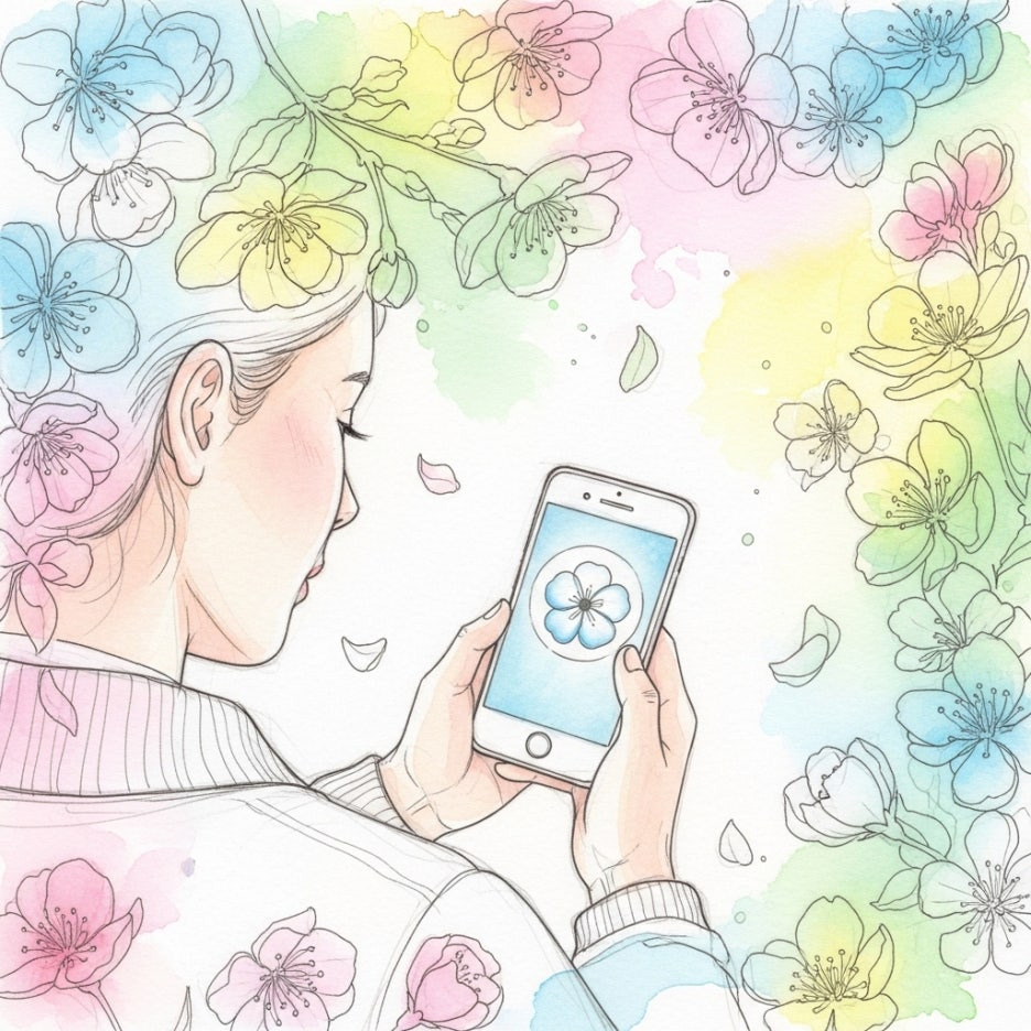 꽃구경을 준비하며 정보를 확인하는 모습의 삽화