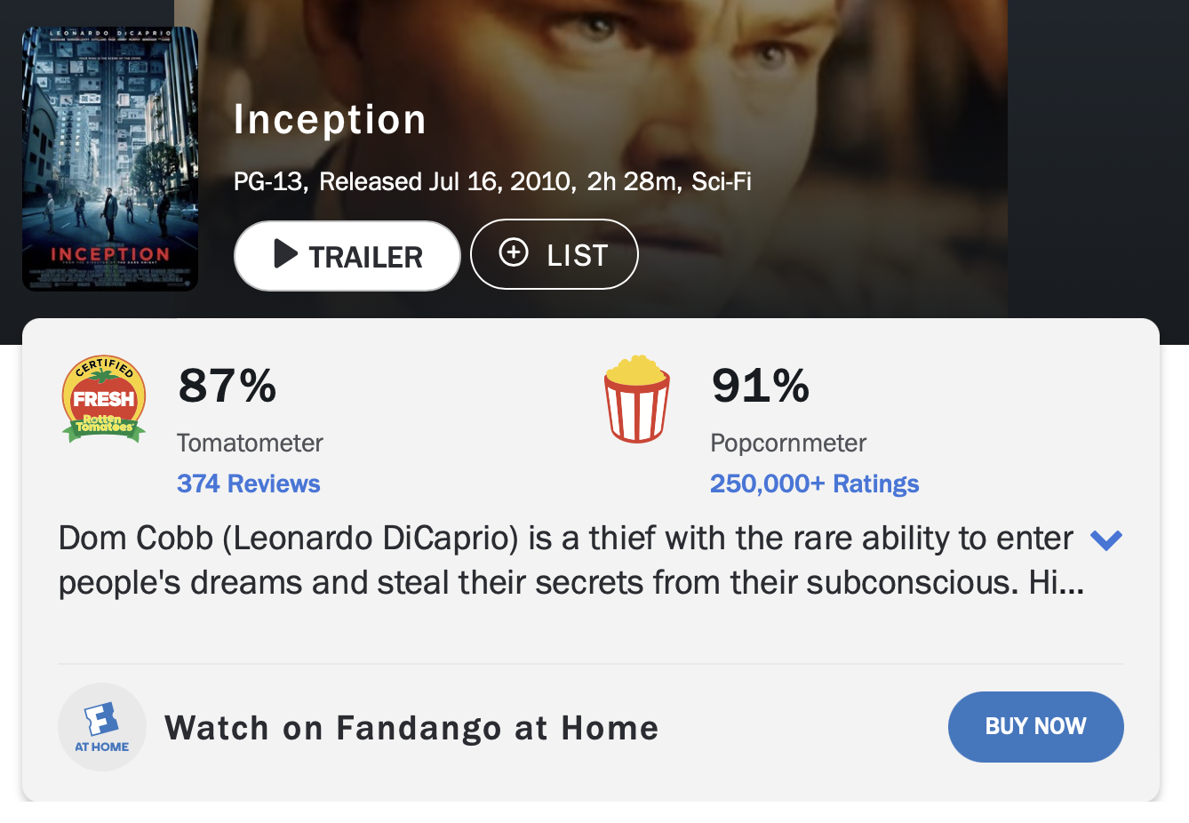 인셉션 로튼 토마토 평론가 평점