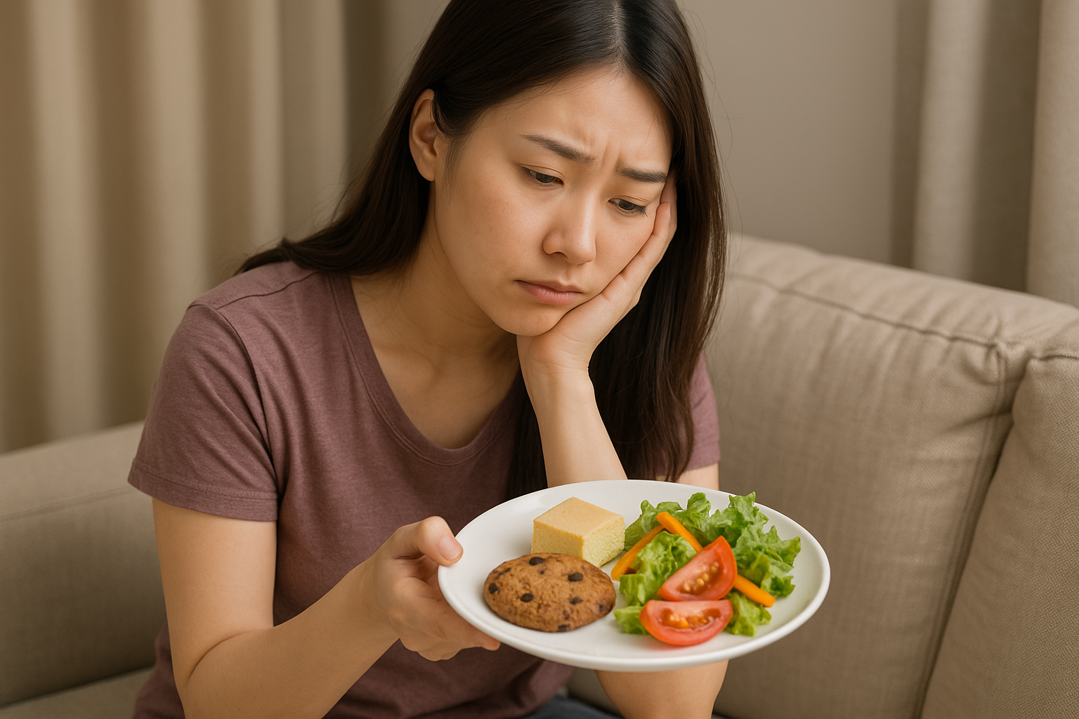 생리 전 식욕과 감정 사이에서 고민하며 과자와 샐러드가 함께 담긴 접시를 바라보는 젊은 여성의 모습
