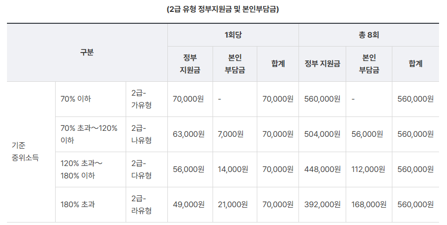 2급 유형 정부지원금 및 본인부담금