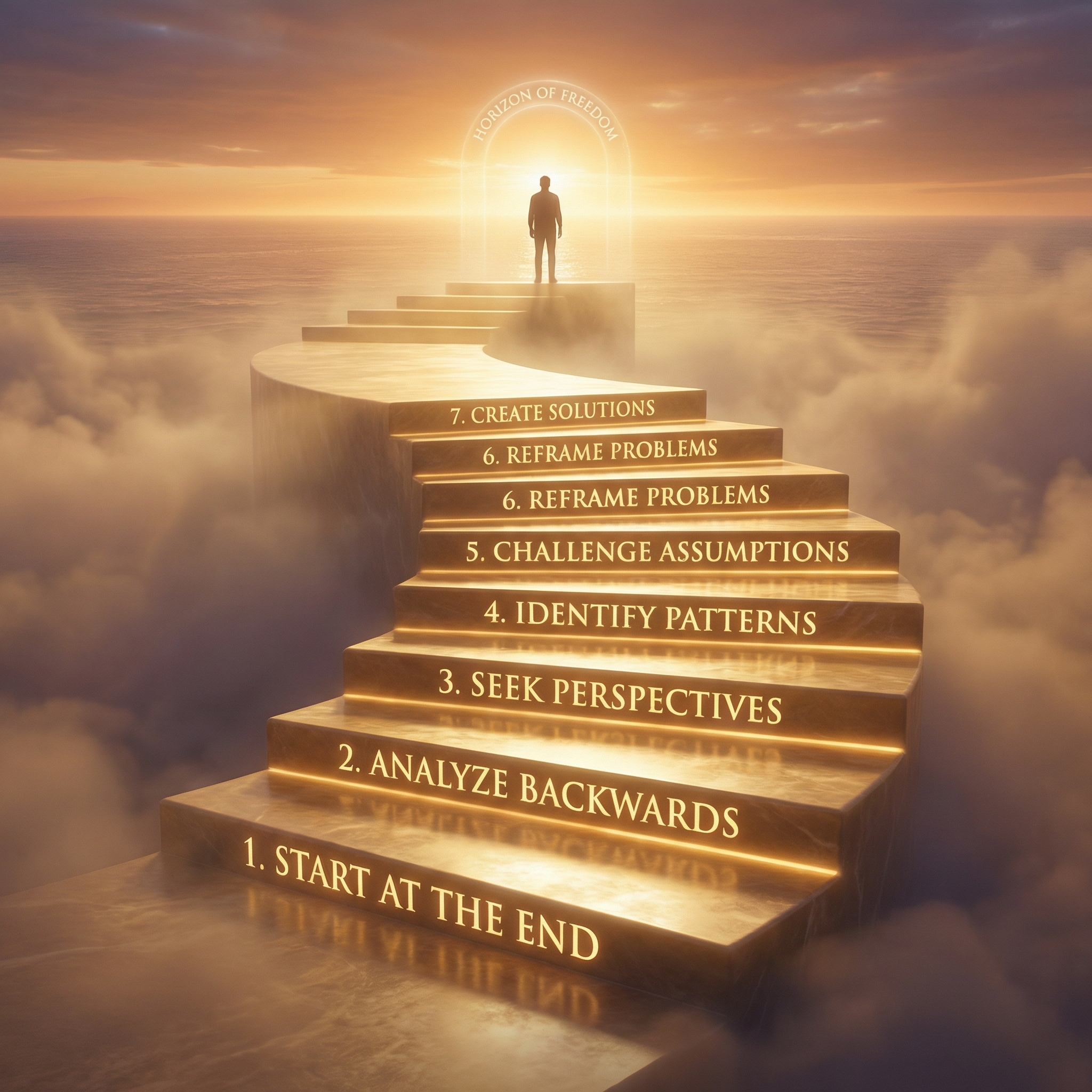 자유의 지평선으로 향하는 7개의 빛나는 황금 계단. '역행자 7단계' 공략집을 시각화하여 단계별 성취와 최종적인 경제적 자유를 상징하는 8k 고해상도 그래픽.