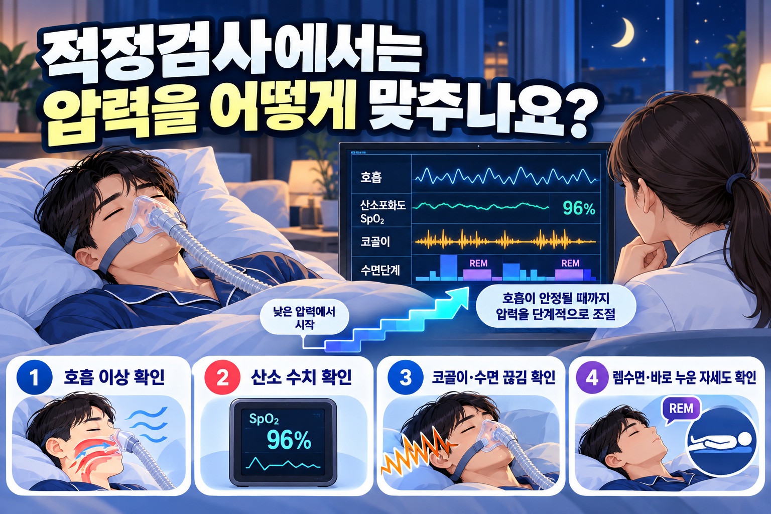 양압기 적정검사에서 호흡과 산소 수치, 코골이와 수면 상태를 확인하며 압력을 조절하는 과정