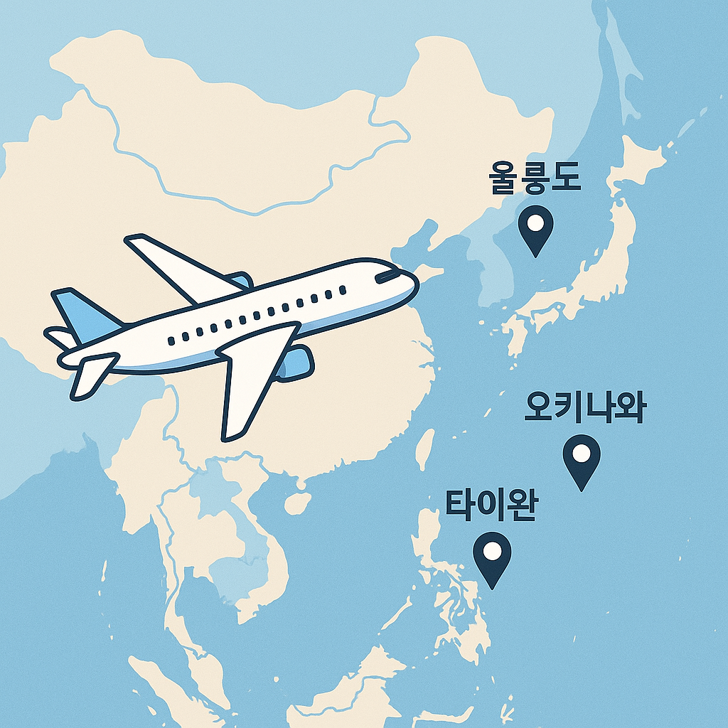 세계 지도 위에 비행기 아이콘과 울릉도·오키나와·타이완 등 목적지 표시된 일러스트