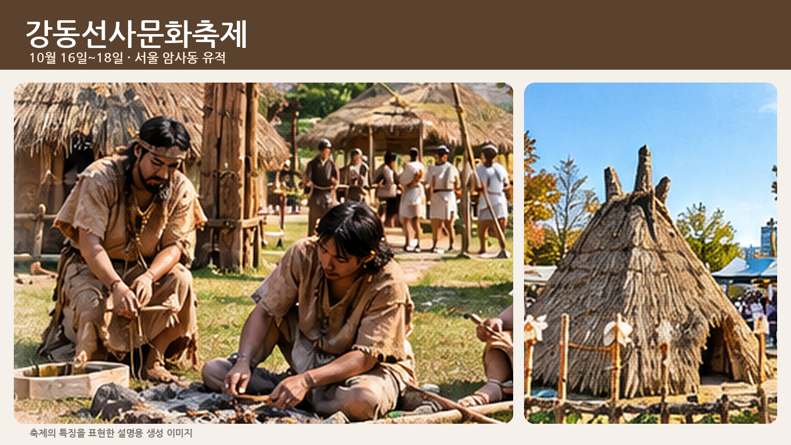 가을 햇살 아래 움집 옆에서 선사시대 도구를 체험하는 사람들과 전통 움집을 표현한 설명용 이미지