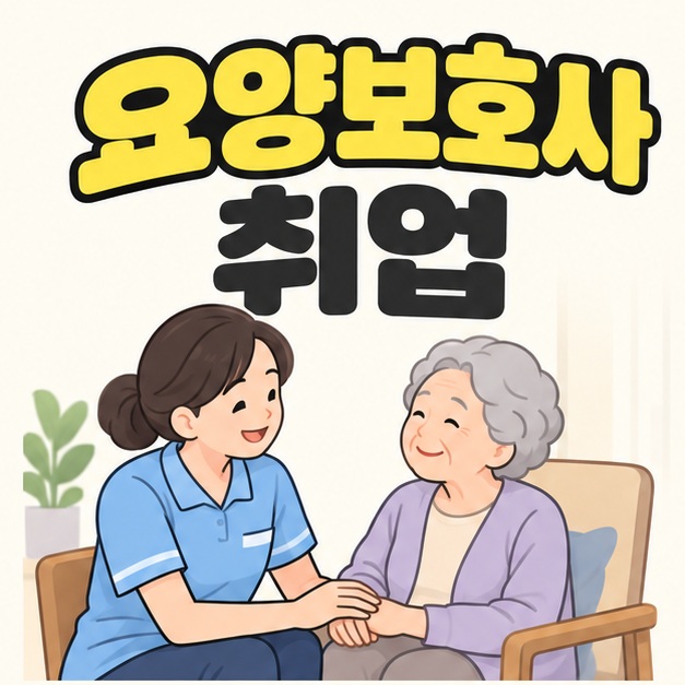 요양보호사 취업 제목 아래 요양보호사가 의자에 앉은 어르신과 눈높이를 맞추고 이야기하는 모습