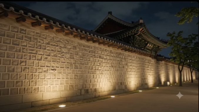 아름다운 조명이 켜진 경복궁 궁궐 담장과 운치 있는 야경