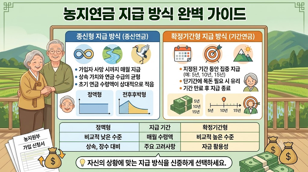농지연금 종신형과 확정기간형 등 다양한 지급 방식의 특징을 나타낸 가이드 그래픽