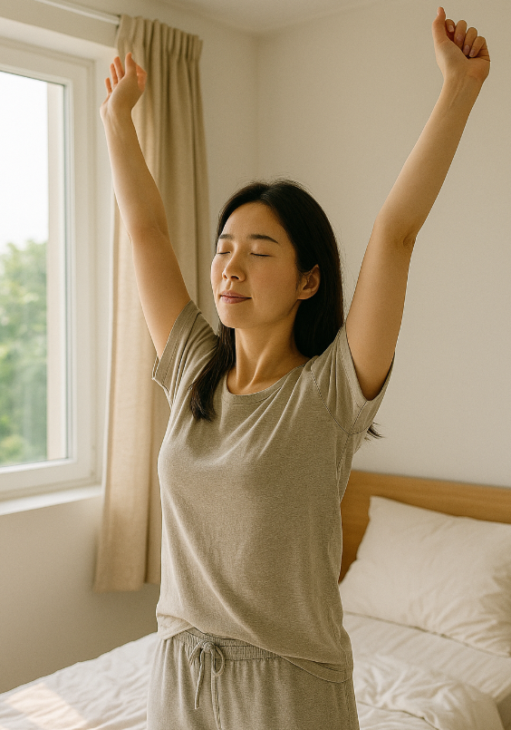 아침 스트레칭으로 근육을 풀어 전환기 건강을 챙기는 여성의 모습