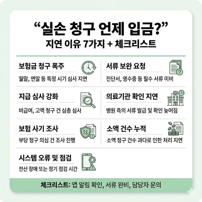 실손보험 청구 후 입금이 늦어지는 이유와 청구 전 체크리스트를 한눈에 정리한 인포그래픽