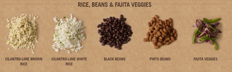 화이트 라이스, 브라운 라이스, 파히타 야채, 치폴레 메뉴