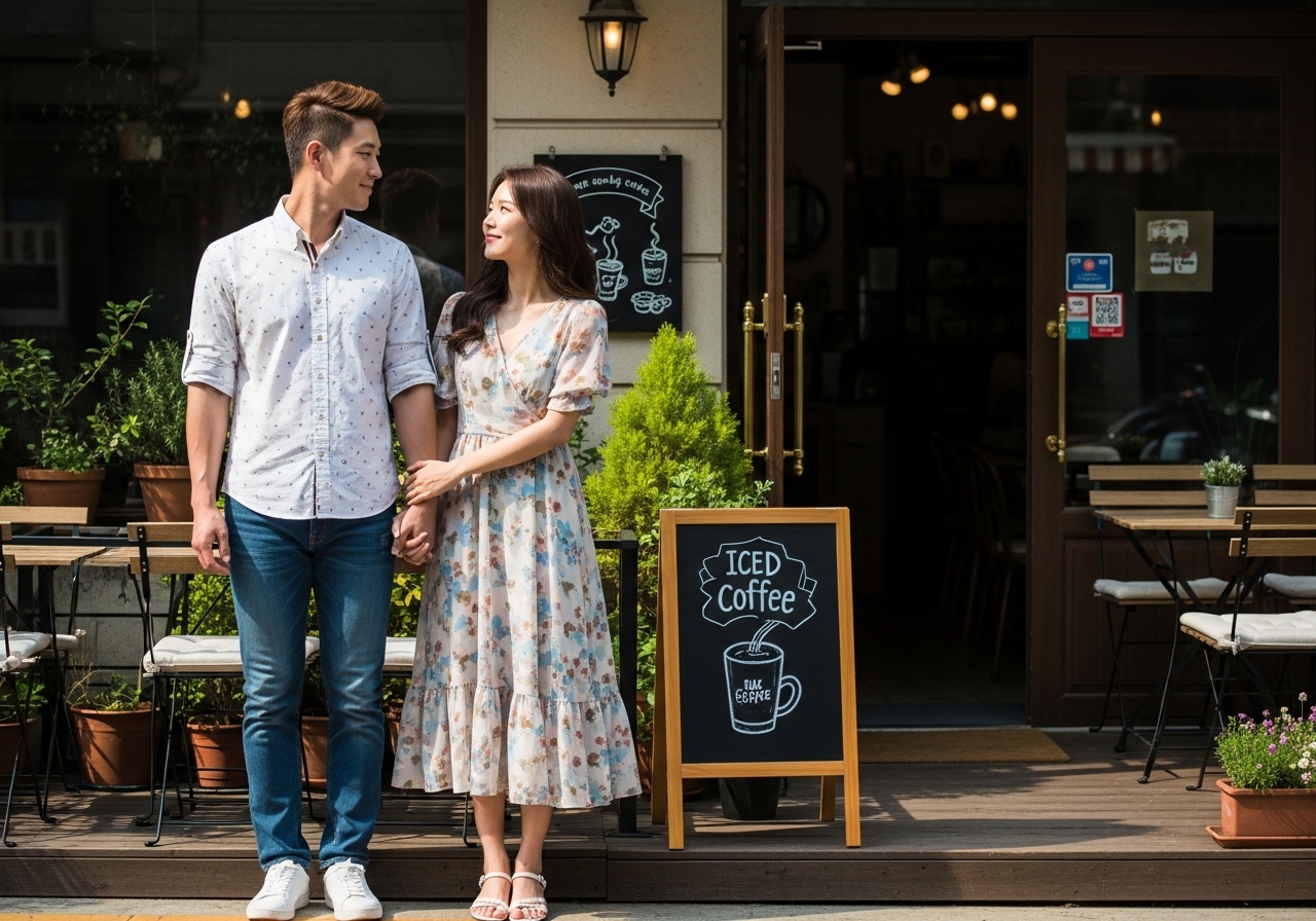 커플이 카페 앞에서 데이트하는 전체적인 모습

내용: 복잡한 매칭 없이도 완성되는 자연스러운 커플 데이트룩, 이번 주말 도전해보세요!