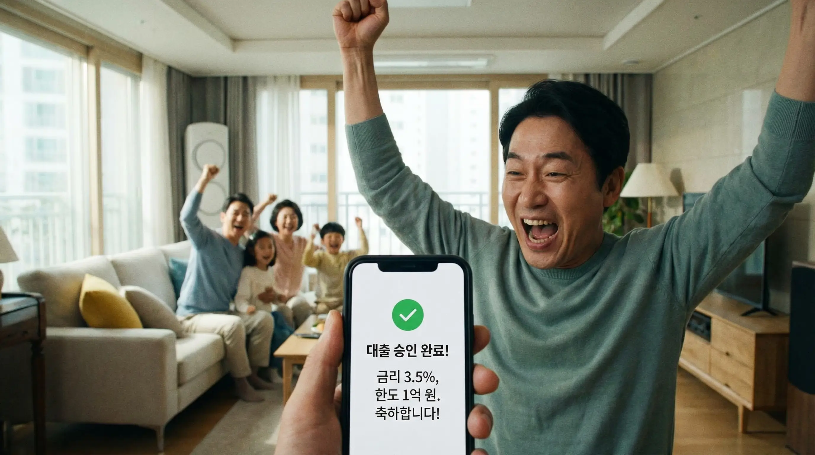스마트폰 화면에 뜬 대출 승인 완료 메시지를 보고 환호하는 금융 소비자의 모습