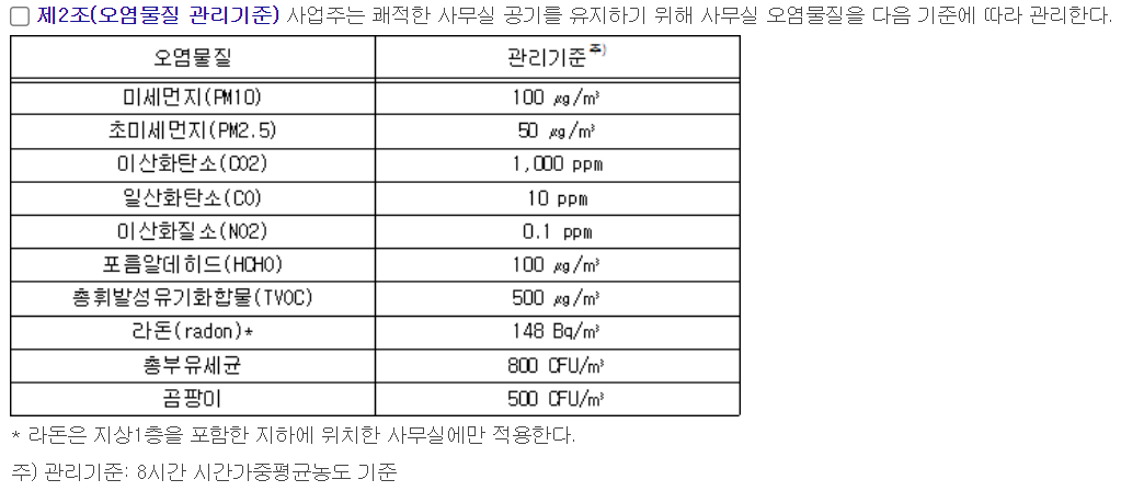 사무실 오명물질별 관리기준